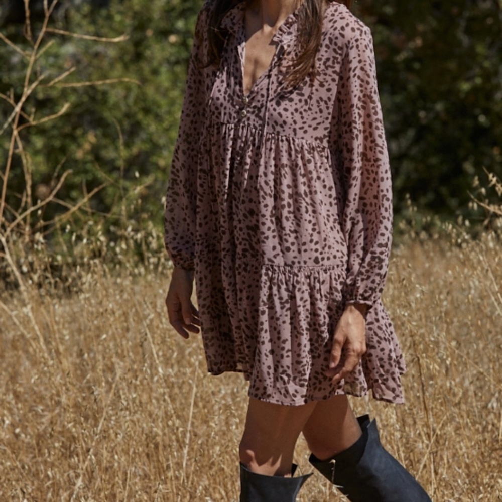 Chiffon Neck Tie Long Sleeve Ruffle Dress